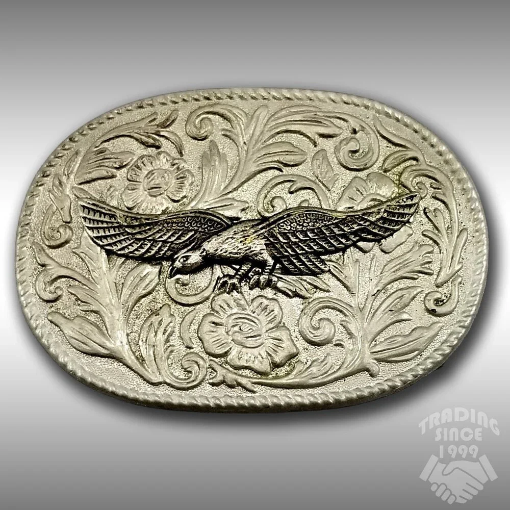 Vintage Western Cowboy Belt Buckle Silver‎ Tone Eagle Floral Engraved Design